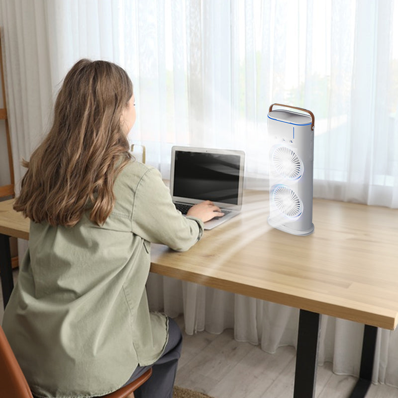 Rechargeable mini fan with spray mist cooling and LED light. Compact, quiet, and refreshing—ideal for desktop, bedroom, and small room ventilation.