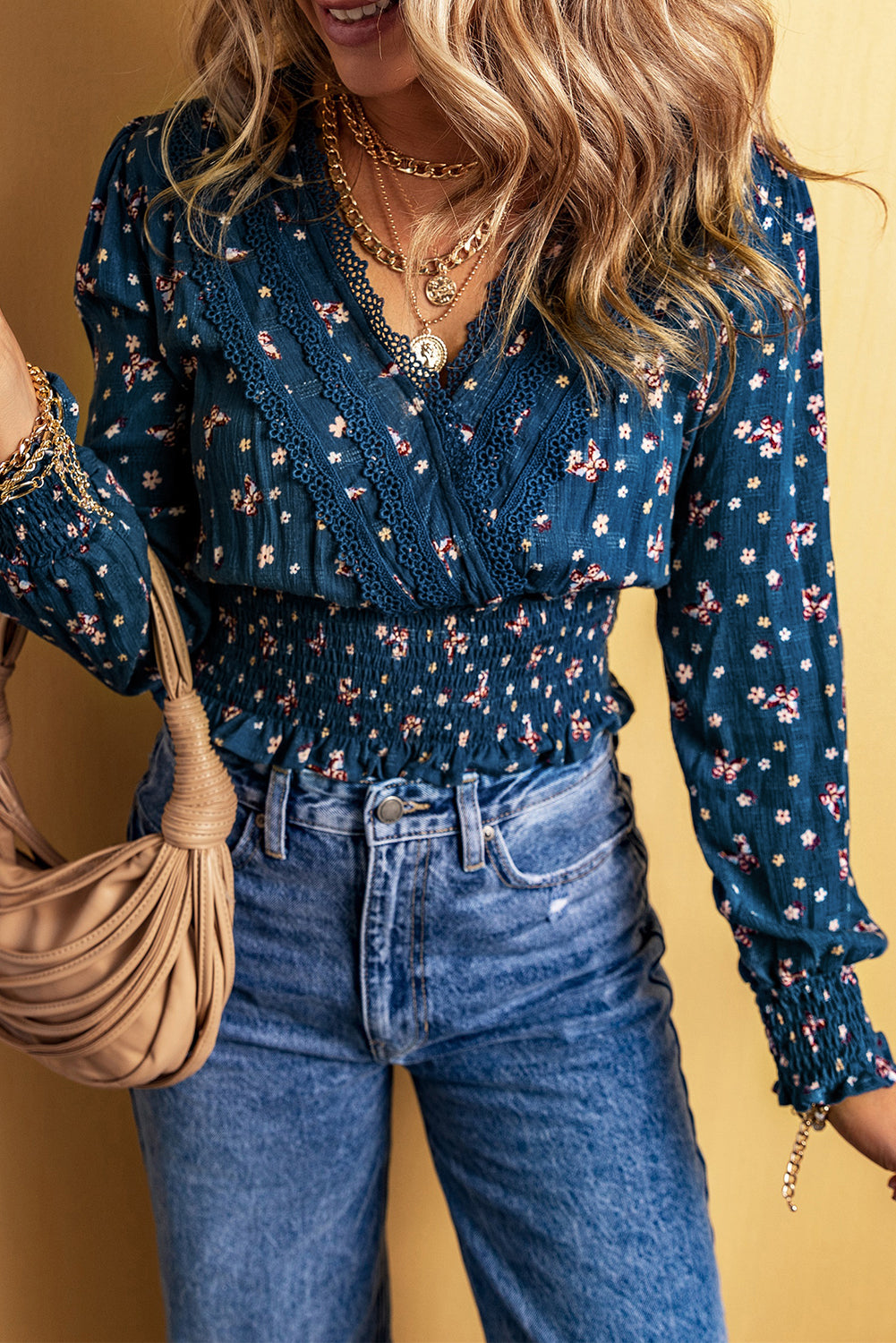 Blue Floral Lace Trim Blouse - V-Neck Smocked Waist Top