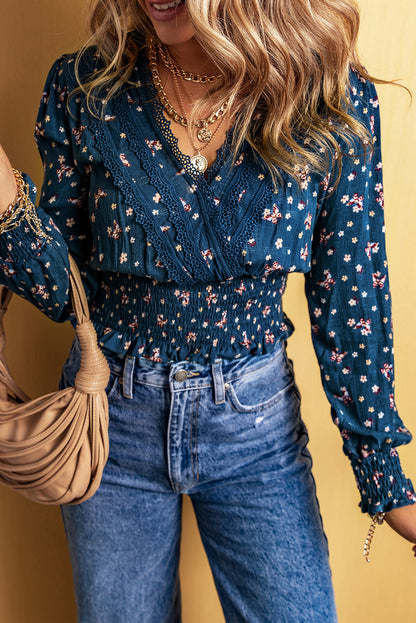 Blue Floral Lace Trim Blouse - V-Neck Smocked Waist Top