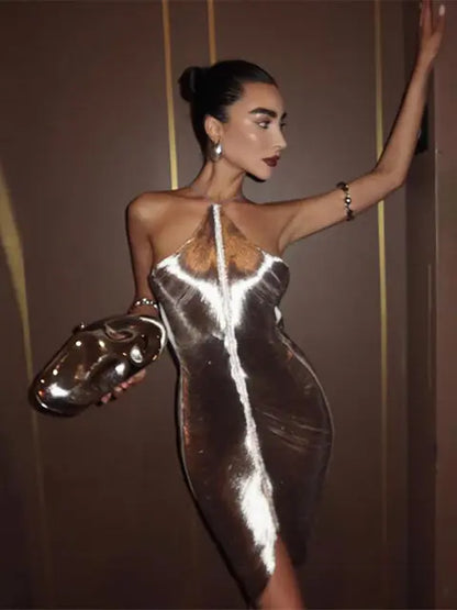 Shiny Metallic Halter Slim Mini Dress - Sleeveless Backless Bodycon Party Dress