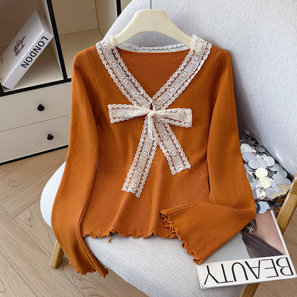 V-Neck Knit Sweater with Bow Detail - Flared Sleeve Pullover