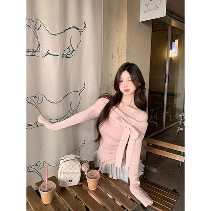 Women's One Shoulder Bow Detail Long Sleeve Fitted Top – Sweet Off Shoulder Pullover