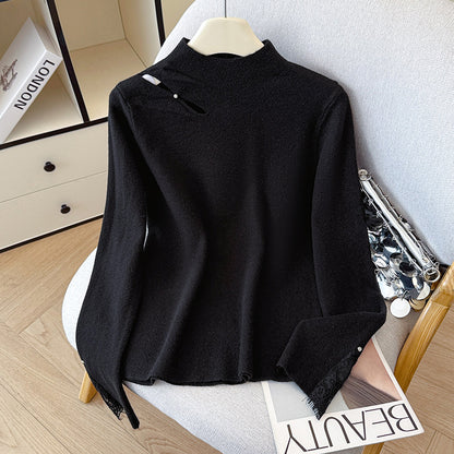 Lace Trim Halter Neck Knit Sweater - Hollow Out Long Sleeve