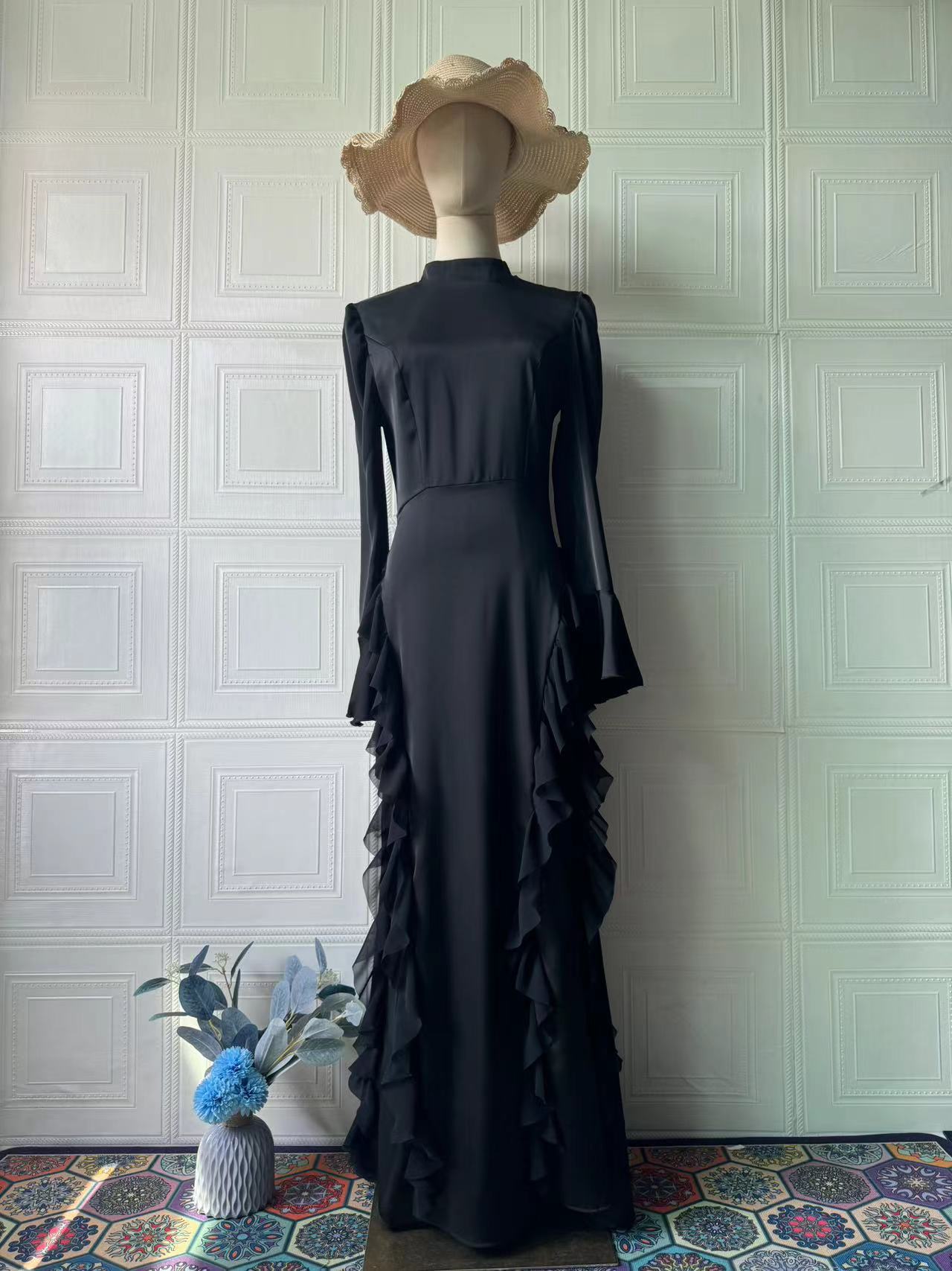 Women's Half High Neck Satin Chiffon Court Tie-Up Maxi Dress – Elegant Long Sleeve Gown