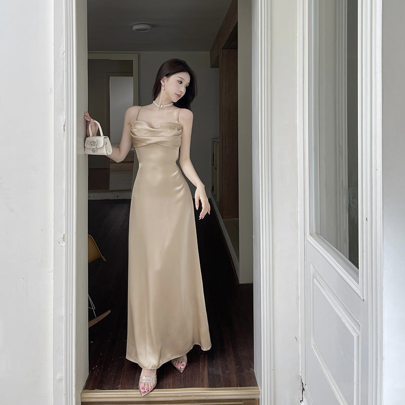 Strap satin princess style champagne colored skirt