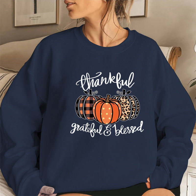 Back collar with plush sweatshirt round neck with pumpkin print