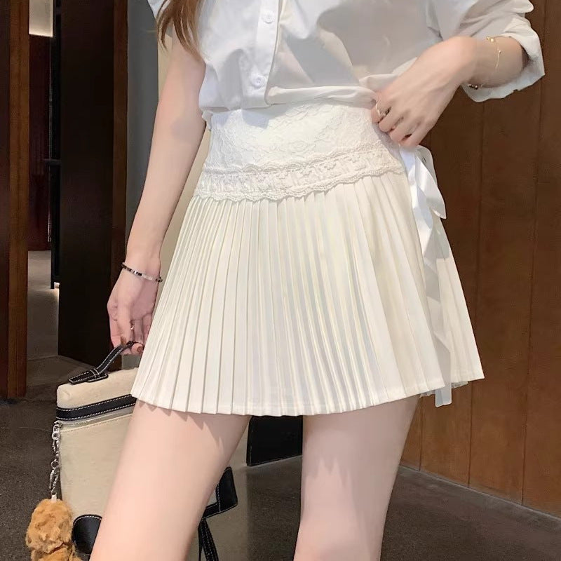 Women's White Lace Trim Pleated Mini Skirt – High Waist Ballet Style