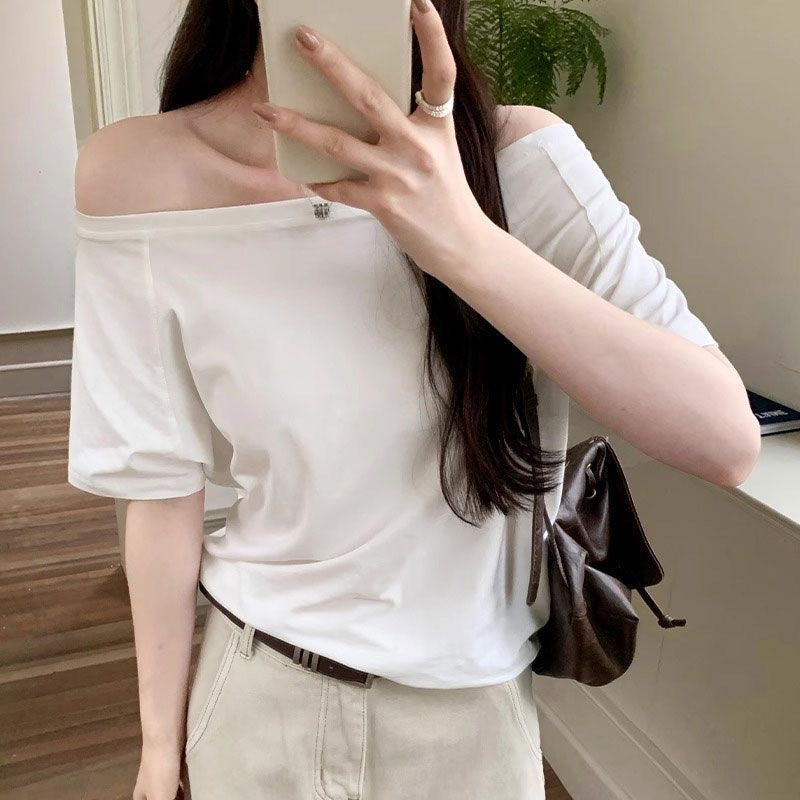 Women's Off Shoulder Oblique Collar Loose Short Sleeve Top – Casual Solid Polyester Blouse