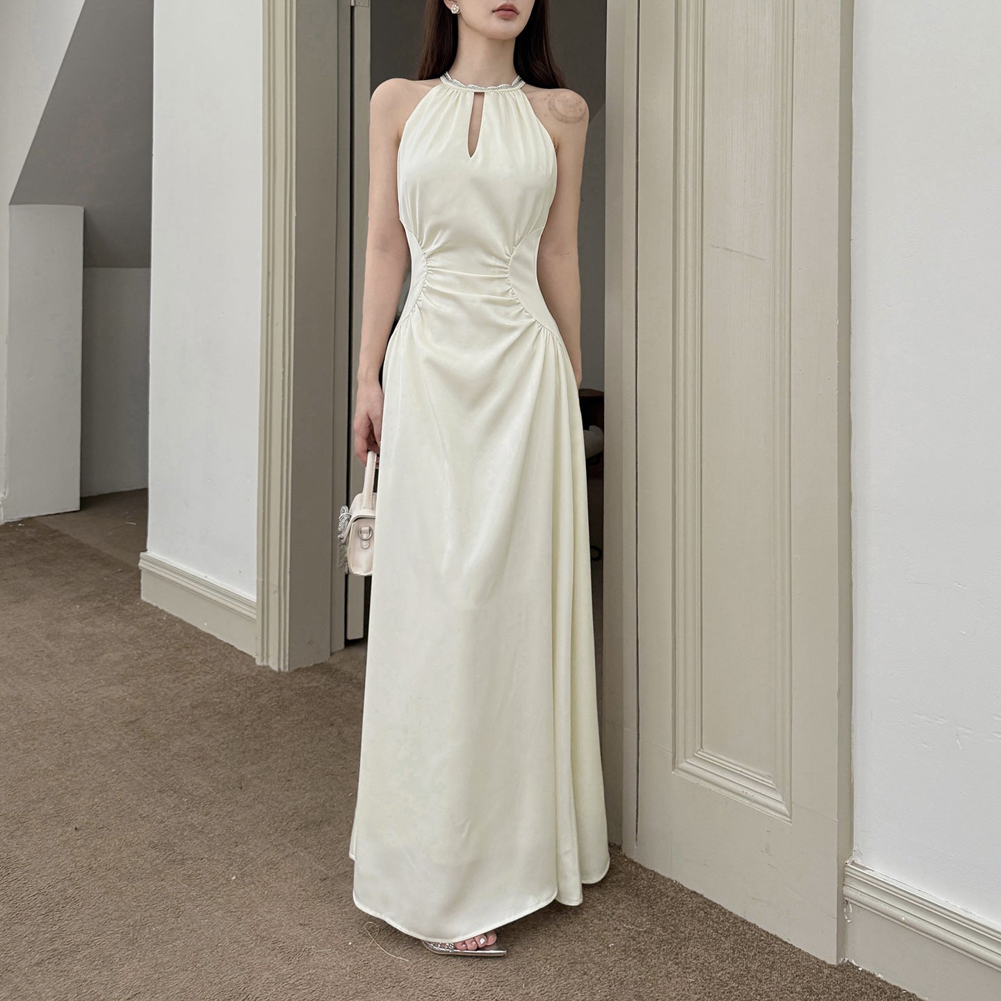 Hanging Neck Satin French Minimalist Elegant Long Skirt - Apricot Midi Dress