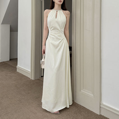 Hanging Neck Satin French Minimalist Elegant Long Skirt - Apricot Midi Dress