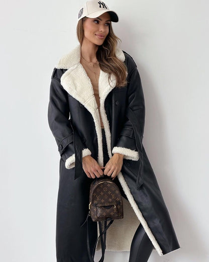 Luxury Double-Layer Melange Coat with Stand Collar & Lapel – Faux Shearling Winter Outerwear, Elegant & Warm Outfit