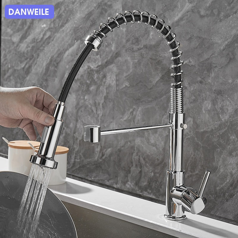 Premium all-copper kitchen faucet with 360° rotation and hot-cold dual mode. Durable, flexible spring design for smooth water flow and everyday kitchen use.
