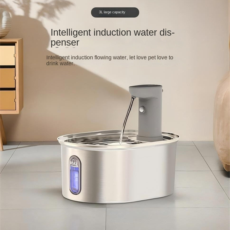 Wireless stainless steel cat water dispenser with intelligent circulation. Battery-powered, quiet, and hygienic—fresh flowing water for daily pet hydration.