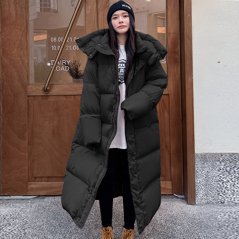 Luxury White Down Hooded Long Coat for Women – Extra Warm High-Quality Duck Down Knee-Length Winter Parka