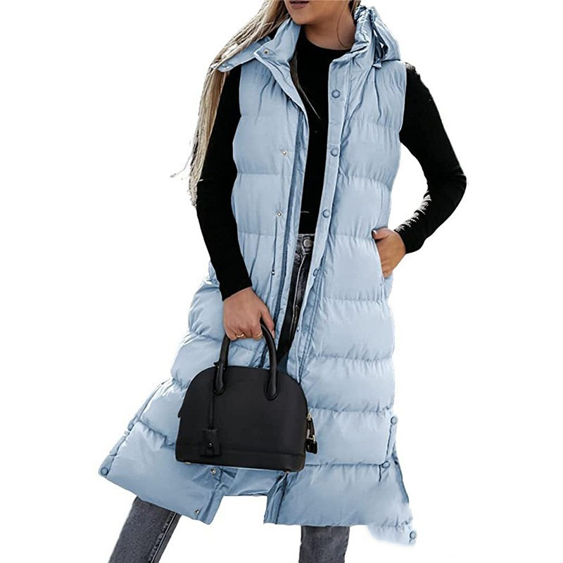 Women’s Fashionable Long Sleeveless Hooded Coat – Zipper & Single-Breasted Design | Solid Color Casual Luxury Outerwear