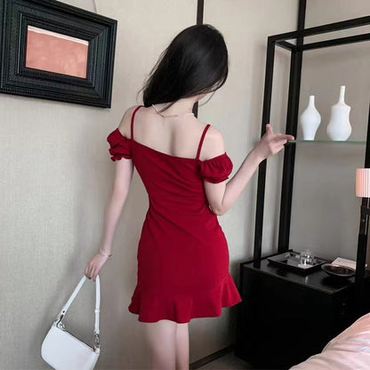 Mini-robe évasée asymétrique à manches bouffantes pour femme – Caraco torsadé en soie