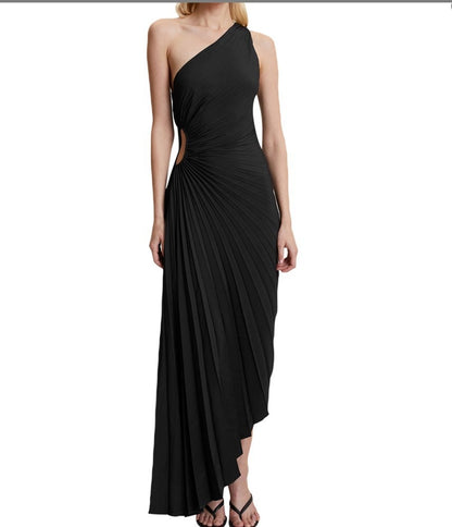 Single Shoulder Diagonal Neckline Pleated Hollow Out Satin Dress - Long Skirt