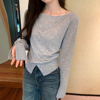 Women's Off Shoulder Asymmetric Neck Loose Knit Top – Long Sleeve Button Casual Blouse