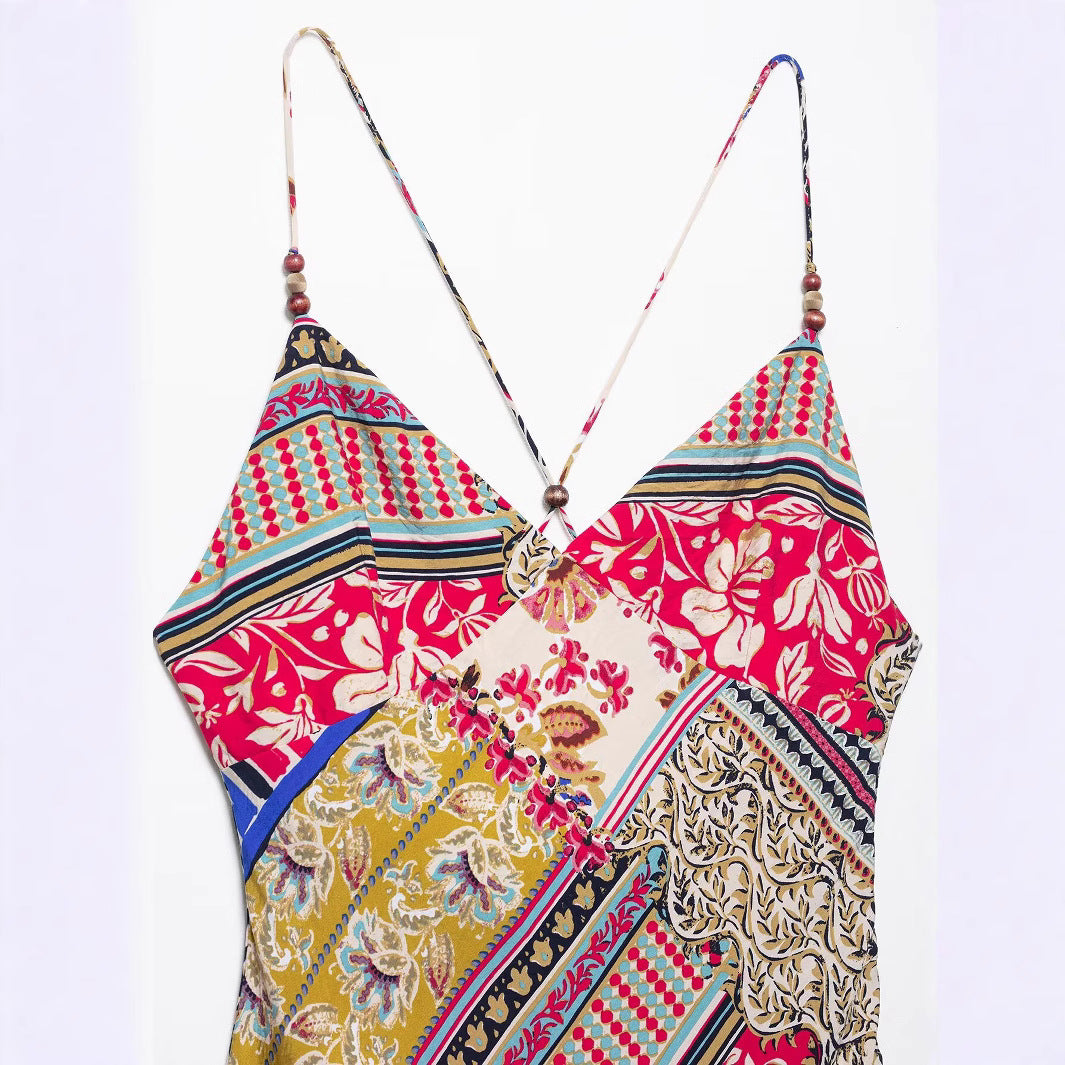 Women's Printed Backless V-Neck Camisole Maxi Dress
