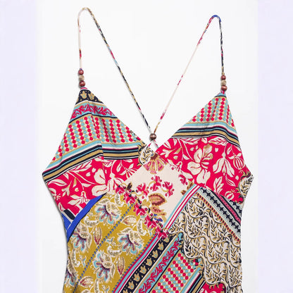 Women's Printed Backless V-Neck Camisole Maxi Dress