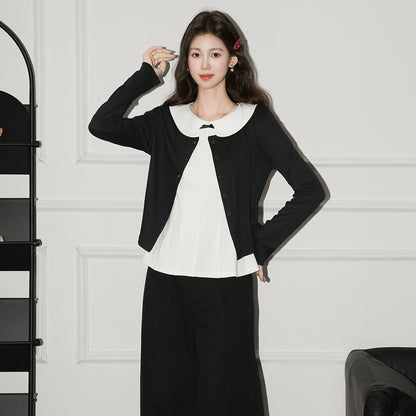 Knit Cardigan & Bow Collar Vest Set - Slim Fit Two-Piece Top