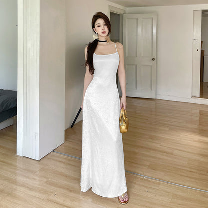 Satin Camisole Waist Bag Hip Long Skirt - White V-Neck Sleeveless Midi Dress