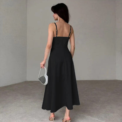 Sexy Slim Fit Satin Camisole Pleated Skirt - Black V-Neck Sleeveless Long Dress