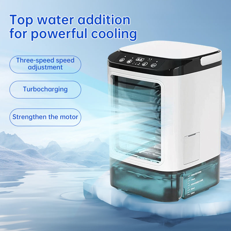 Compact 3-speed mini air cooler with 900ML water tank. Fan + humidifier combo delivers refreshing airflow—perfect for bedrooms, offices, and desks.