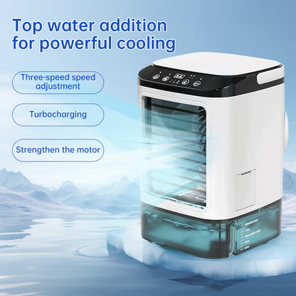 Compact 3-speed mini air cooler with 900ML water tank. Fan + humidifier combo delivers refreshing airflow—perfect for bedrooms, offices, and desks.