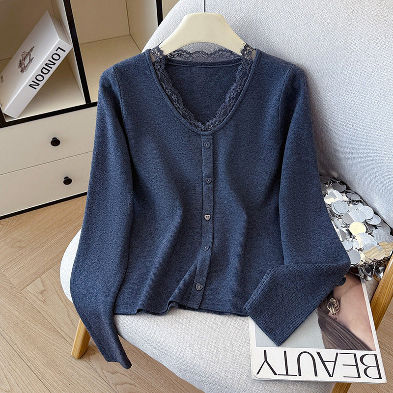 Lace Trim Round Neck Knit Sweater - Long Sleeve Pullover