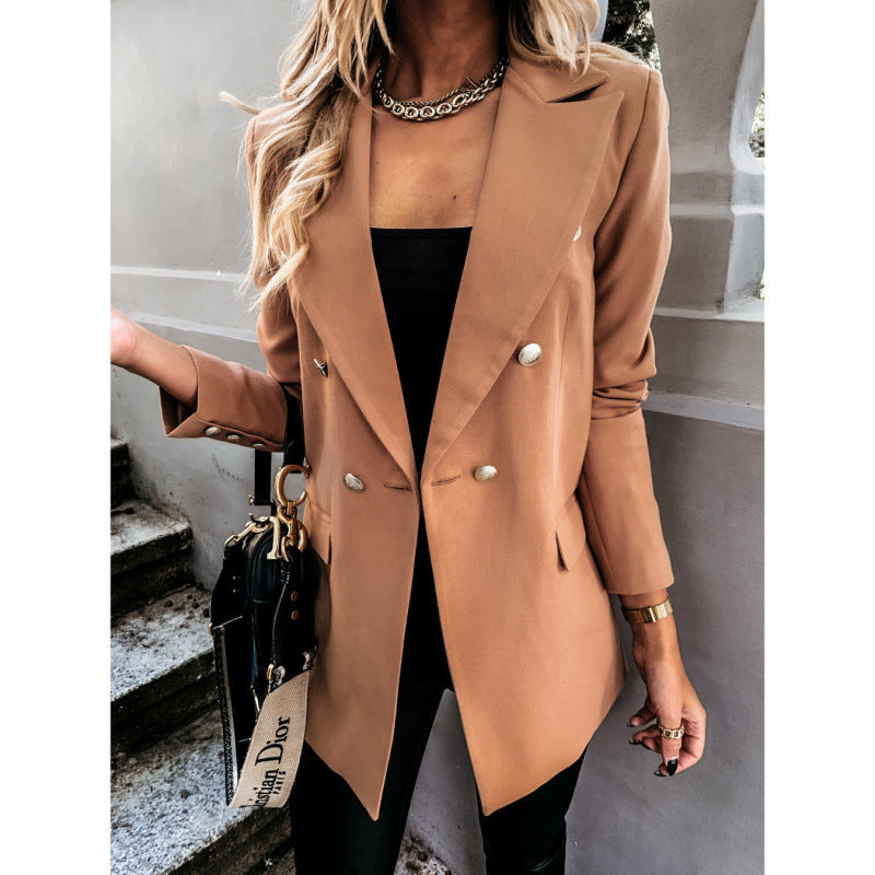 Zarusky™ Luxe Double-Breasted Solid-Color Suit Jacket for Women – Long Sleeve Tailored Outerwear | Premium Elegant Blazer