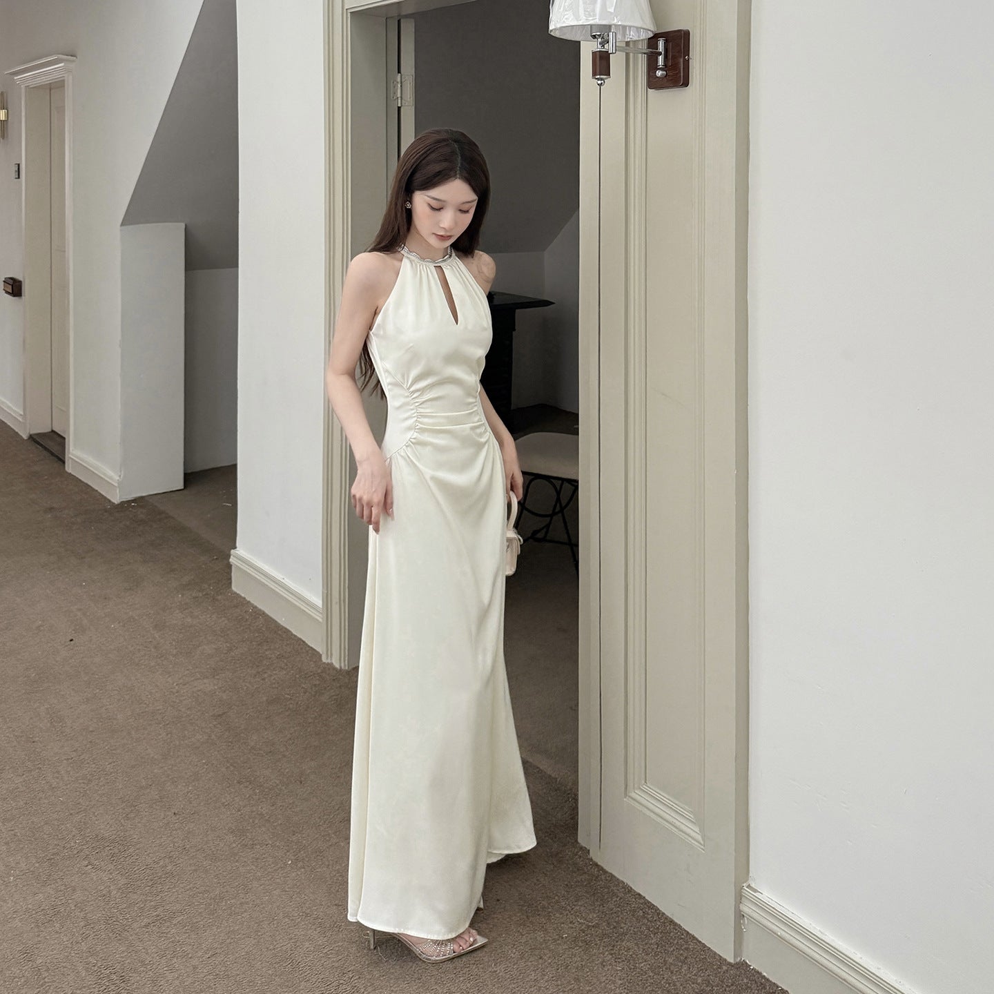 Hanging Neck Satin French Minimalist Elegant Long Skirt - Apricot Midi Dress