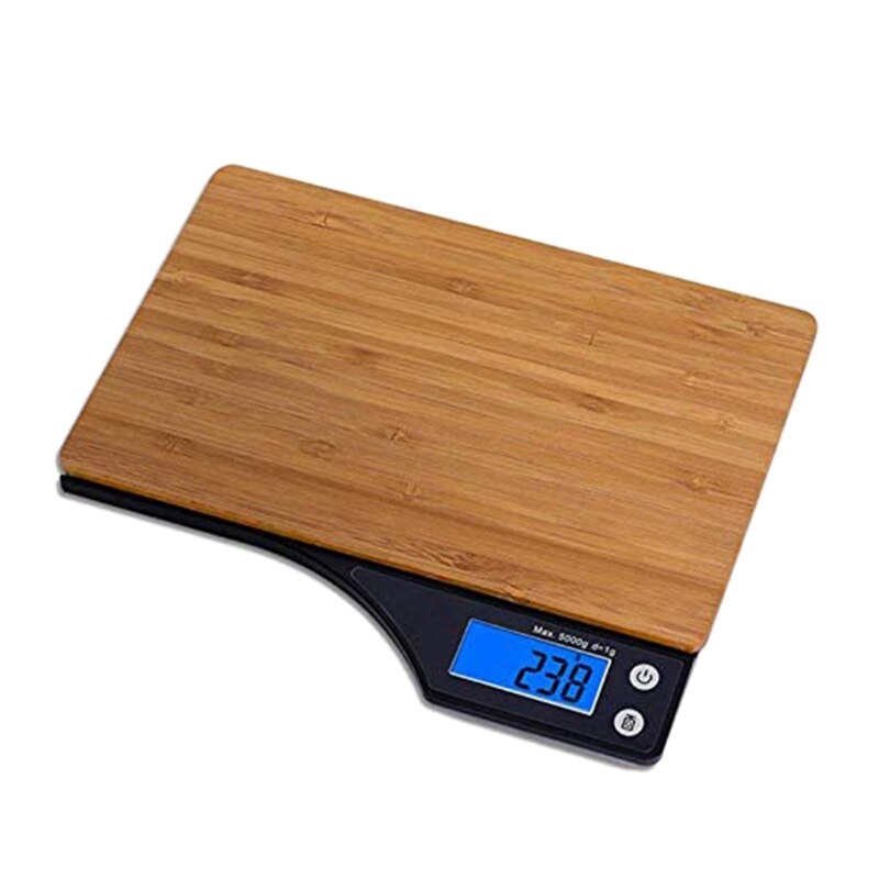 Accurate digital kitchen scale with a natural bamboo platform. Features tare function and precise measurement in grams and ounces for everyday cooking and baking.