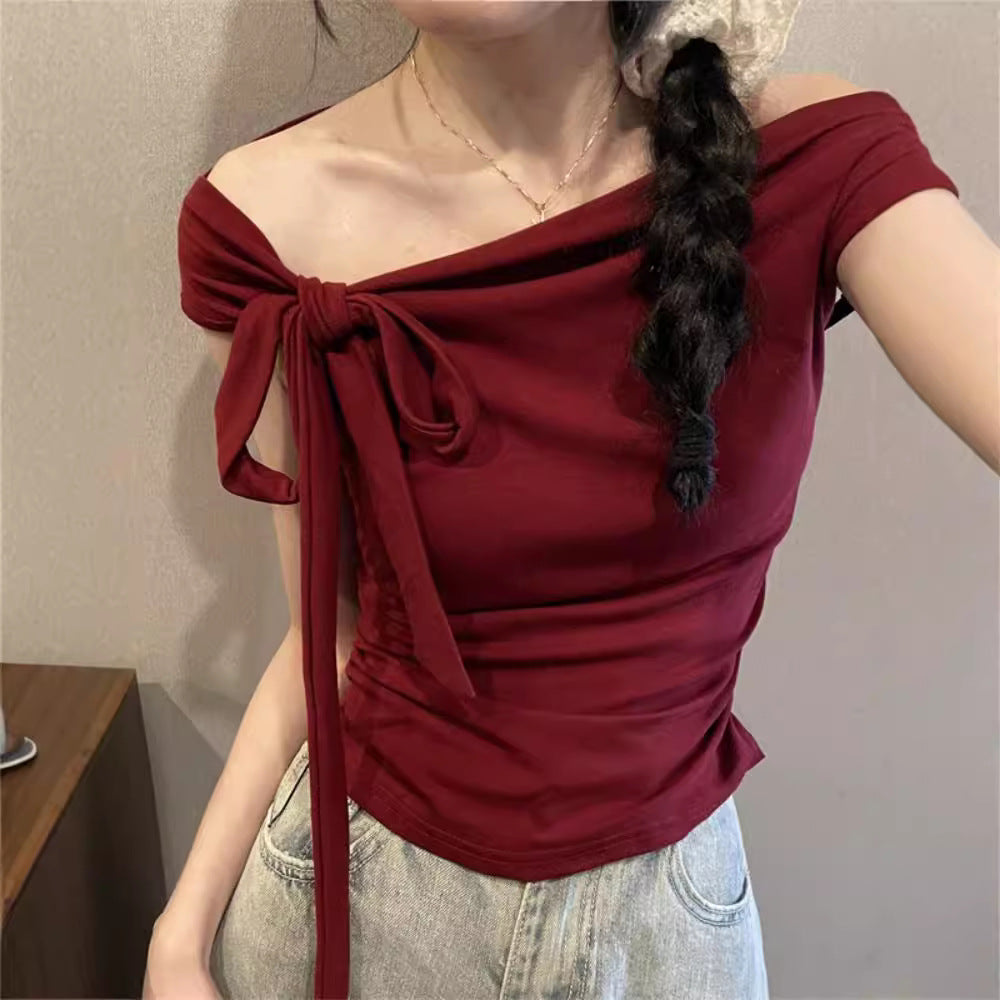 Women's Off Shoulder Strap Short Top – Slim Fit One-Word Collar Rayon Blouse