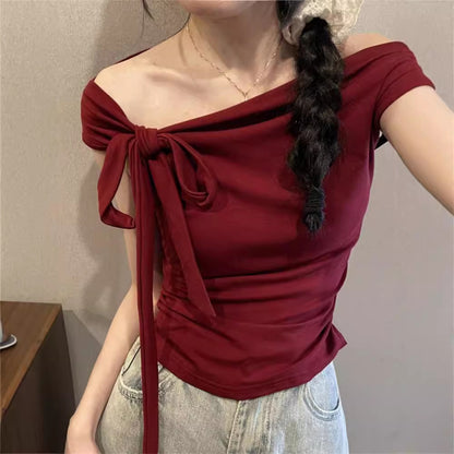 Women's Off Shoulder Strap Short Top – Slim Fit One-Word Collar Rayon Blouse
