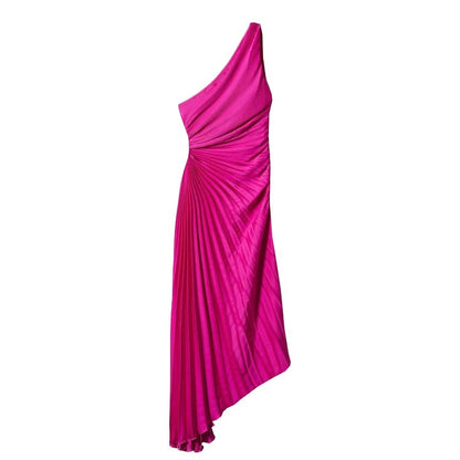 Single Shoulder Diagonal Neckline Pleated Hollow Out Satin Dress - Long Skirt