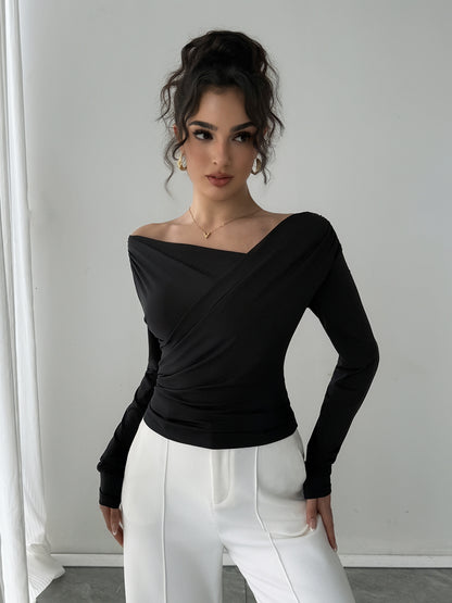 Zarusky Off Shoulder Slanted Collar Shirt – Slim Fit Long Sleeve Top