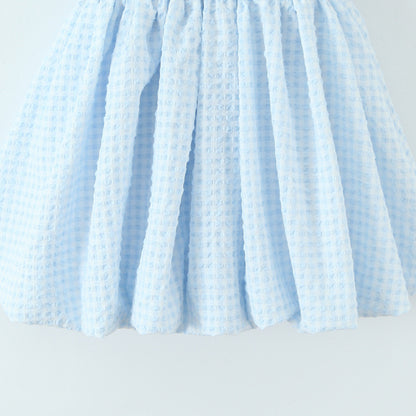 Women's Light Blue Plaid Mini Dress – 3/4 Sleeve Loose Fit Literary Retro Dress