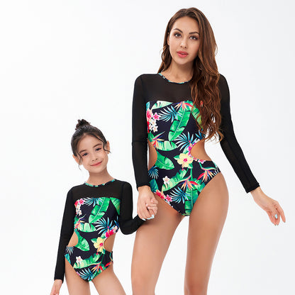 Parent-Child Matching Long Sleeve Printed One-Piece Swimsuit | UV-Protective Family Swimwear for Kids & Parents | Surf, Snorkel & Beachwear