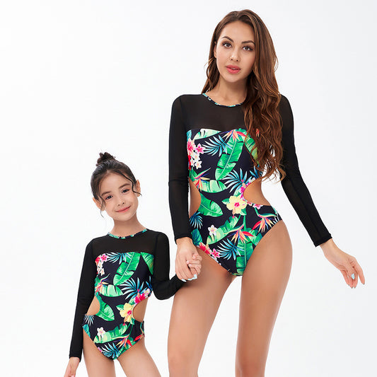 Parent-Child Matching Long Sleeve Printed One-Piece Swimsuit | UV-Protective Family Swimwear for Kids & Parents | Surf, Snorkel & Beachwear