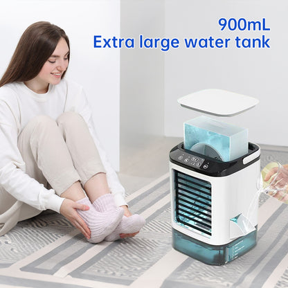 Compact 3-speed mini air cooler with 900ML water tank. Fan + humidifier combo delivers refreshing airflow—perfect for bedrooms, offices, and desks.