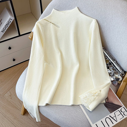 Lace Trim Halter Neck Knit Sweater - Hollow Out Long Sleeve