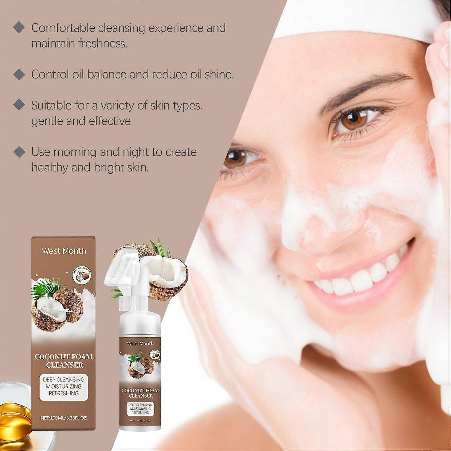 Zarusky West&Month Coconut Foam Cleanser - Gentle Pore Cleansing & Refreshing Moisturizer