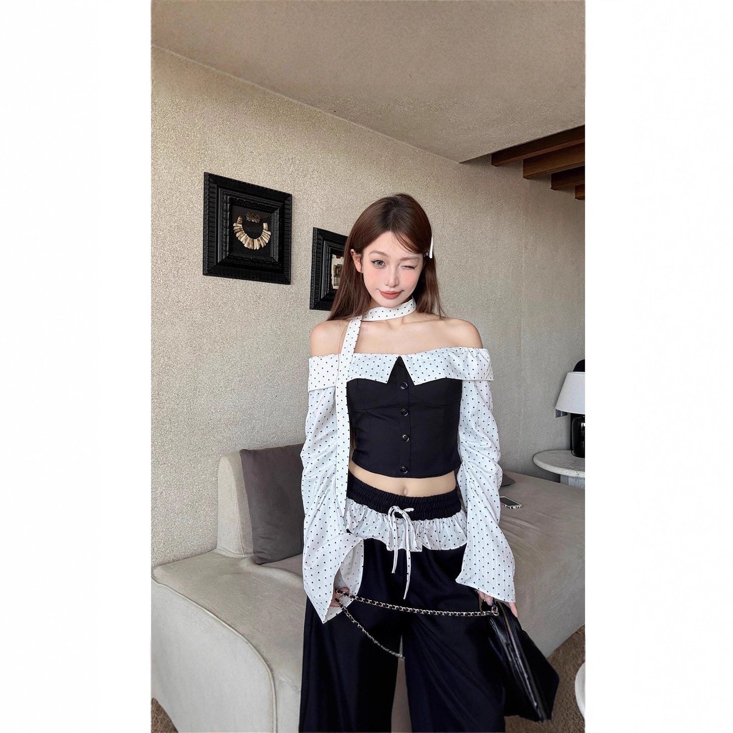 Women's One Shoulder Long Sleeve Crop Top & Wide Leg Pants Set – Color Block Polyester
