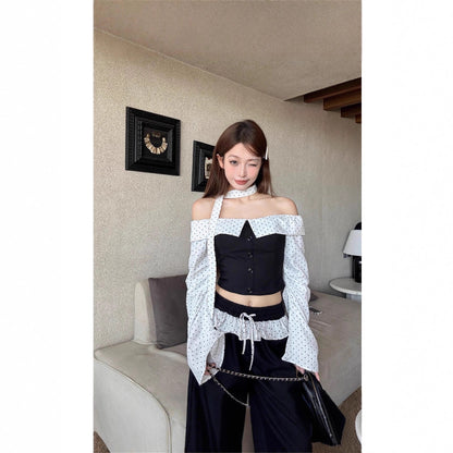 Women's One Shoulder Long Sleeve Crop Top & Wide Leg Pants Set – Color Block Polyester