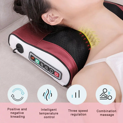 Electric shiatsu massage pillow with heat for neck, shoulders, back, and waist. Ideal for home, office, or car use with simple one-touch control.