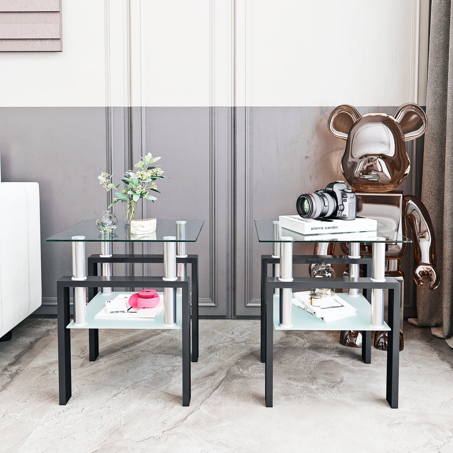 Set of 2 modern square tables made with tempered glass. Sleek, durable, and stylish—perfect as tea tables, coffee tables, or end tables for living rooms.
