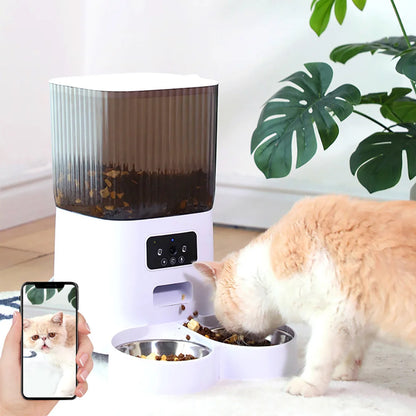 Smart automatic pet feeder with camera, 5L large capacity, and double bowls. App-controlled video feeding with voice recording—perfect for cats and dogs.