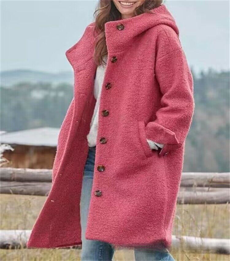 Women’s Fashionable Solid-Color Wool Coat – Elegant Hooded Long Outerwear | Premium Winter Luxury