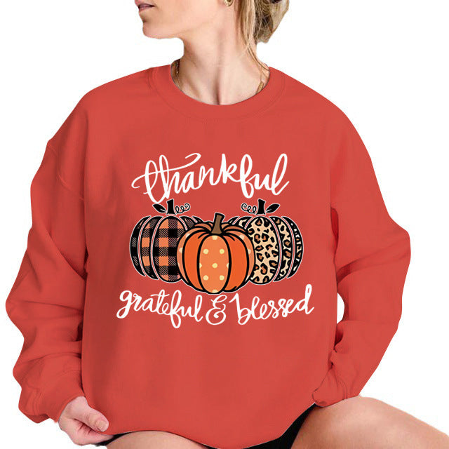 Back collar with plush sweatshirt round neck with pumpkin print